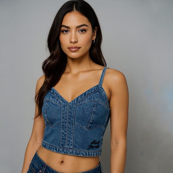 Vintage Y2K Harley Davidson Denim Bustier Crop Top Corset Style Tank Small - Picture 1 of 16